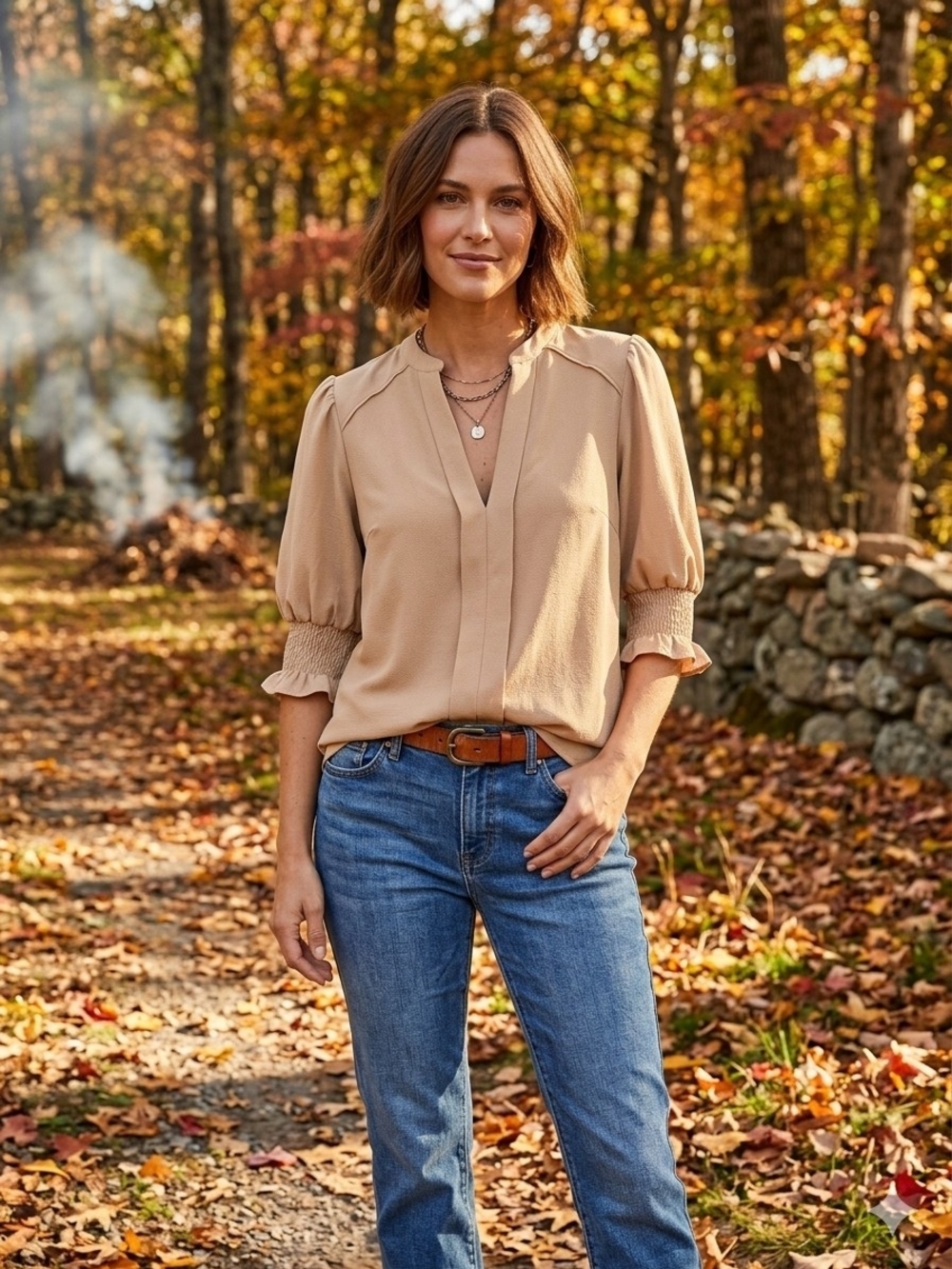 Neutral Puff-Sleeve Blouse in Beige